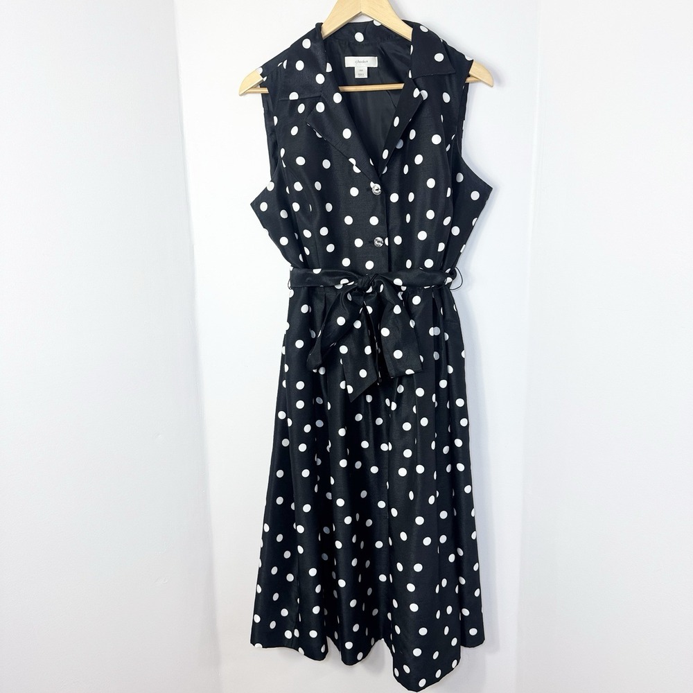 CJ Banks Polka Dot Shirt Dress 14W Black White Midi Belted Retro 50s Rockabilly